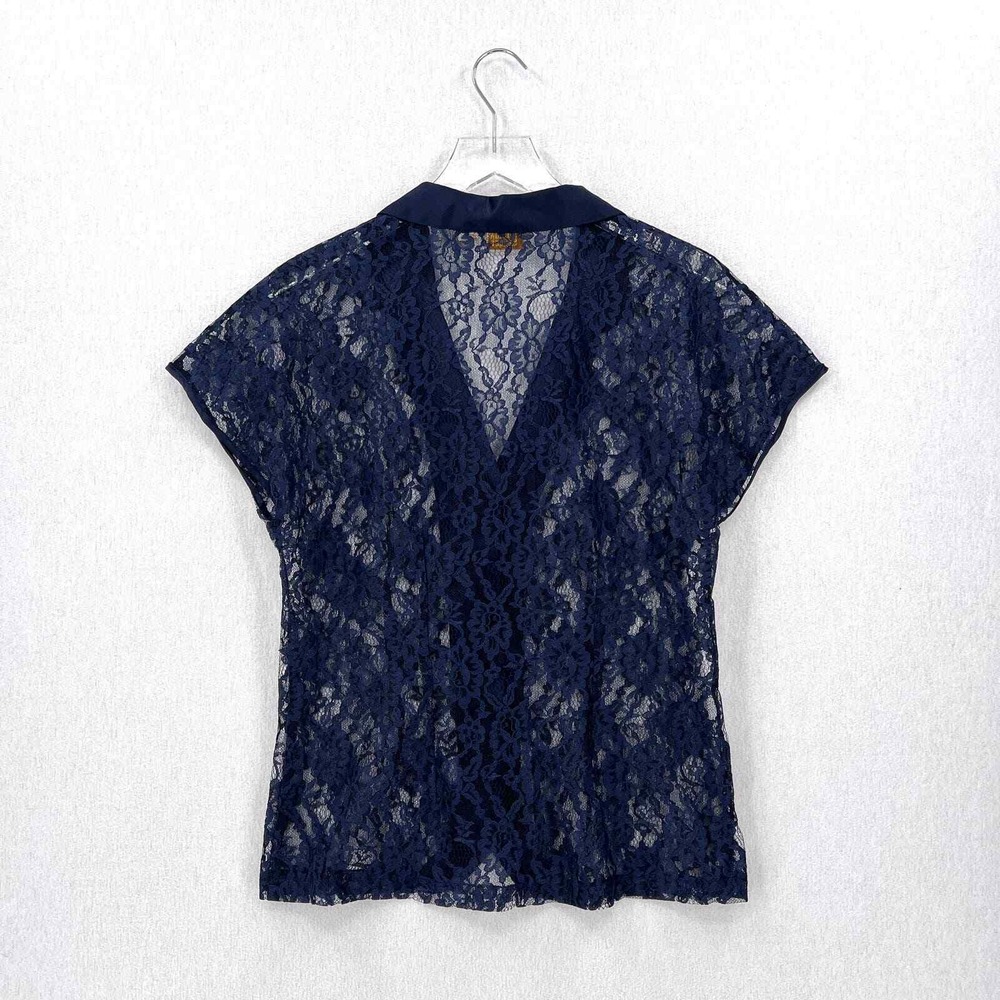 VICTORIAS SECRET Lace Button Up Top Medium Blue Vintage Gold Label Short Sleeve - Picture 4 of 14
